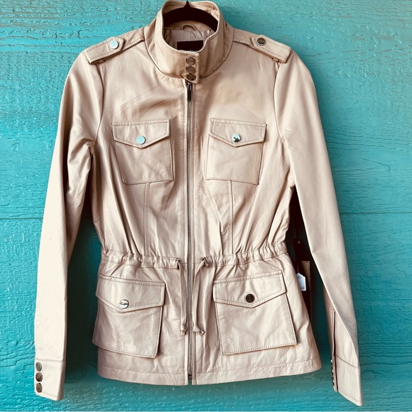 Bebe Genuine Leather Utility Jacket Cream Beige Zip Front NWT Size S - Picture 2 of 12
